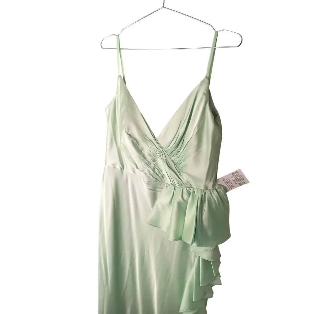 New with Tags Mac Duggal 67815 Ruffle Slit Dress 12 Mint Green Wedding Party